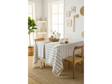 Çizgili Gri Şeritli Ponponlu Masa Örtüsü