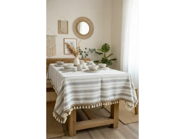 Çizgili Gri Şeritli Ponponlu Masa Örtüsü