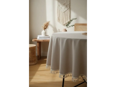 Bej Ham Ponponlu YUVARLAK Masa Örtüsü