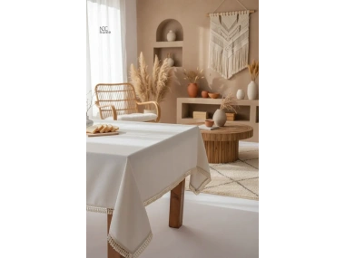 Organik Ham Keten Krem PASALI SAÇAKLI Masa Örtüsü