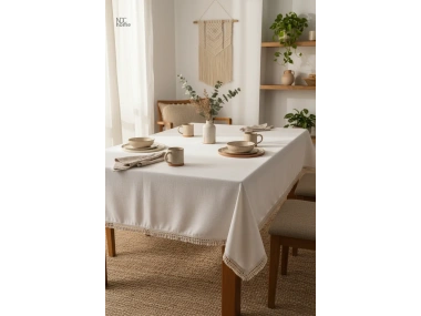 Organik Ham Keten Krem PASALI SAÇAKLI Masa Örtüsü