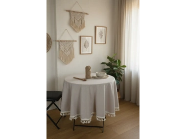 Bej Ham Ponponlu YUVARLAK Masa Örtüsü