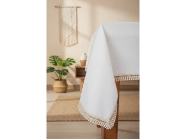 Organik Ham Keten Krem PASALI SAÇAKLI Masa Örtüsü