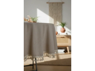 Bej Ham Ponponlu YUVARLAK Masa Örtüsü
