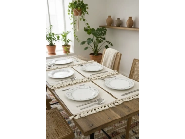 8Lİ KETEN KAHVERENGİ ŞERİTLİ AMERİKAN SERVİS SETİ [35X55]