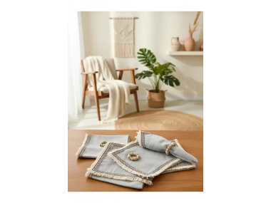 6LI Gri Keten Mini Püsküllü [Ahşap Toka Hediyeli] Peçete Takımı