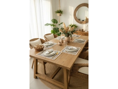 6LI Gri Keten Mini Püsküllü [Ahşap Toka Hediyeli] Peçete Takımı