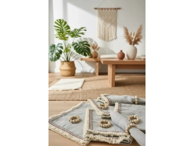 6LI Gri Keten Mini Püsküllü [Ahşap Toka Hediyeli] Peçete Takımı