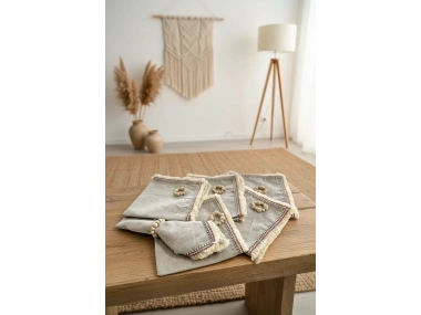 6LI Gri Keten Mini Püsküllü [Ahşap Toka Hediyeli] Peçete Takımı