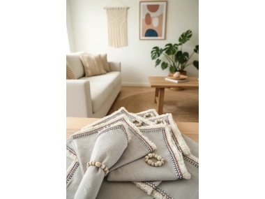 6LI Bej Keten Püsküllü (AHŞAP TOKA HEDİYELİ) Peçete takımı