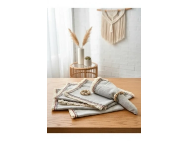 6LI Mini Püsküllü Ham Keten Peçete Takımı (AHŞAP TOKA HEDİYELİ)