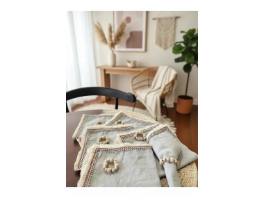6LI Mini Püsküllü Ham Keten Peçete Takımı (AHŞAP TOKA HEDİYELİ)
