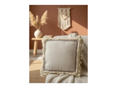 Dört Kenar Püsküllü Keten Krem Kırlent Kırlent Kılıfı43x43][
