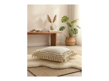 Dört Kenar Püsküllü Keten Krem Kırlent Kırlent Kılıfı43x43][