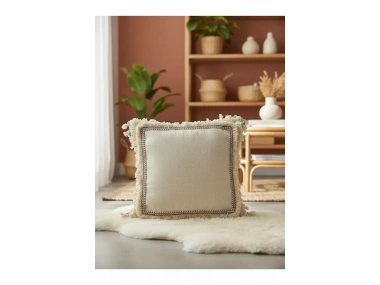 Dört Kenar Püsküllü Keten Krem Kırlent Kırlent Kılıfı43x43][