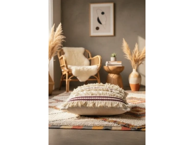 3Püsküllü Ara Desenli Keten Krem Kırlent Kırlent Kılıfı