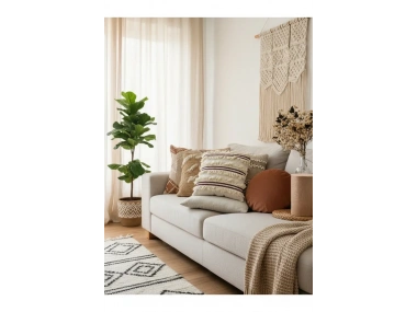 3Püsküllü Ara Desenli Keten Krem Kırlent Kırlent Kılıfı