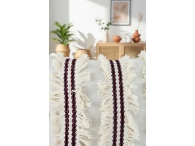 3Püsküllü Ara Desenli Keten Krem Kırlent Kırlent Kılıfı