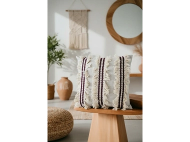 3Püsküllü Ara Desenli Keten Krem Kırlent Kırlent Kılıfı