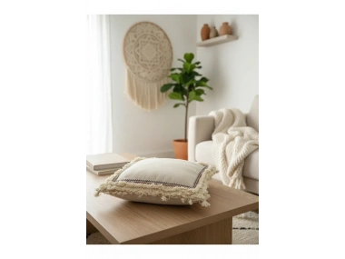 Dört Kenar Püsküllü Keten Krem Kırlent Kırlent Kılıfı43x43][