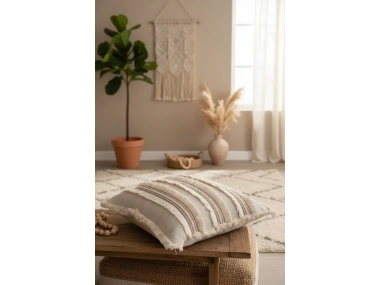 Üç Dantelli Püsküllü Ham Keten Krem Kırlent Kılıfı