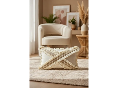 Çapraz Çoklu Püsküllü Keten Krem Kırlent Kırlent Kılıfı (35 x 55)