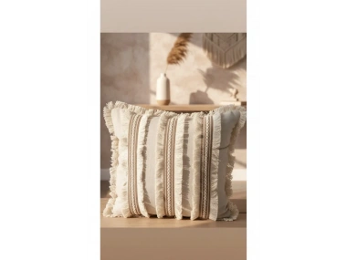 Üç Dantelli Püsküllü Ham Keten Krem Kırlent Kılıfı