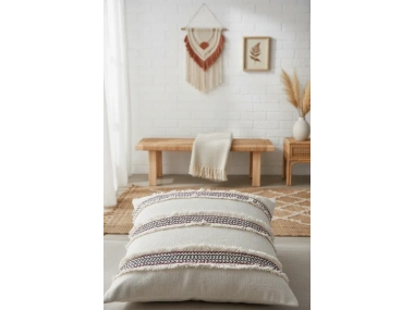 Mini Çift Püsküllü Keten Krem Kırlent Kırlent Kılıfı (43 x 43)