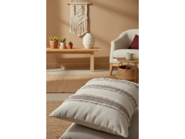 Mini Çift Püsküllü Keten Krem Kırlent Kırlent Kılıfı (43 x 43)