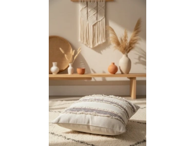 Mini Çift Püsküllü Keten Krem Kırlent Kırlent Kılıfı (43 x 43)