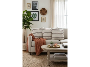 Mini Çift Püsküllü Keten Krem Kırlent Kırlent Kılıfı (43 x 43)