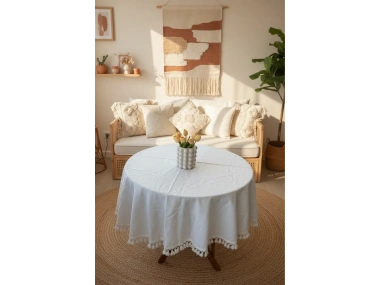 YUVARLAK Ham Keten Krem Ponponlu Masa Örtüsü