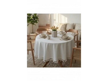 YUVARLAK Ham Keten Krem Ponponlu Masa Örtüsü