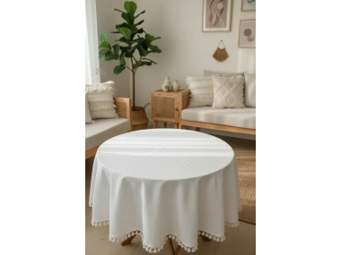 YUVARLAK Ham Keten Krem Ponponlu Masa Örtüsü