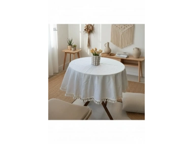 YUVARLAK Ham Keten Krem Ponponlu Masa Örtüsü