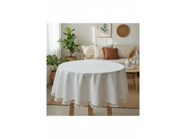 YUVARLAK Ham Keten Krem Ponponlu Masa Örtüsü