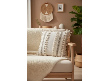 Kalın Dantel Ponponlu Krem Kırlent Kırlent Kılıfı (43 x 43)