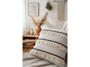 Üç Püsküllü Keten Krem Kırlent Kırlent Kılıfı (35 x 55)