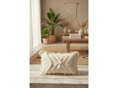 Çoklu Püsküllü Krem Keten Kırlent Kırlent Kılıfı (35 x 55)