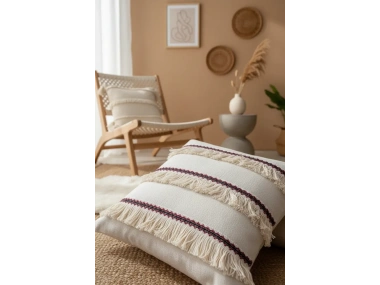 Üç Püsküllü Keten Krem Kırlent Kırlent Kılıfı (35 x 55)