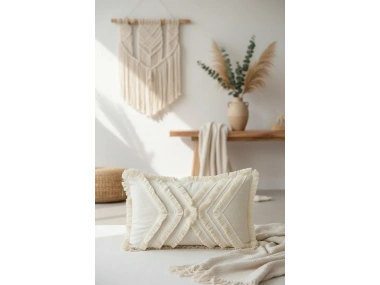 Çoklu Püsküllü Krem Keten Kırlent Kırlent Kılıfı (35 x 55)