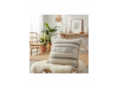 Kalın Dantel Püsküllü ve Motifli Keten Krem Kırlent Kırlent Kılıfı (43 x 43)