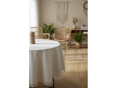 Beyaz Pamuk Keten Yuvarlak Ham Ponponlu Masa Örtüsü