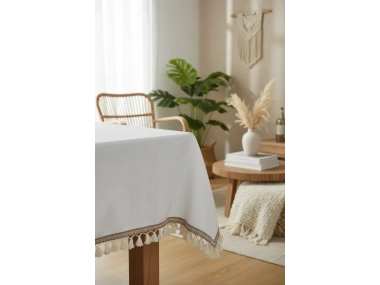 Beyaz Pamuk Keten Şerit Ponponlu Masa Örtüsü