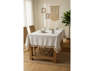 Beyaz Pamuk Keten Şerit Ponponlu Masa Örtüsü