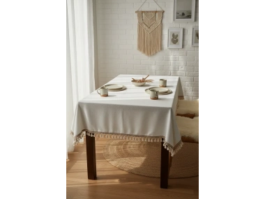 Beyaz Pamuk Keten Şerit Ponponlu Masa Örtüsü