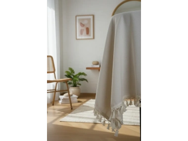 Beyaz Pamuk Keten Yuvarlak Ham Ponponlu Masa Örtüsü