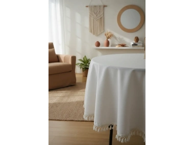 Beyaz Pamuk Keten Yuvarlak Ham Ponponlu Masa Örtüsü