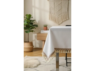 Beyaz Pamuk Keten Şerit Ponponlu Masa Örtüsü