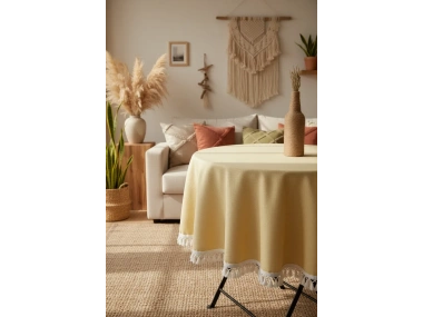 Sarı Keten Ham Ponponlu Yuvarlak Masa Örtüsü